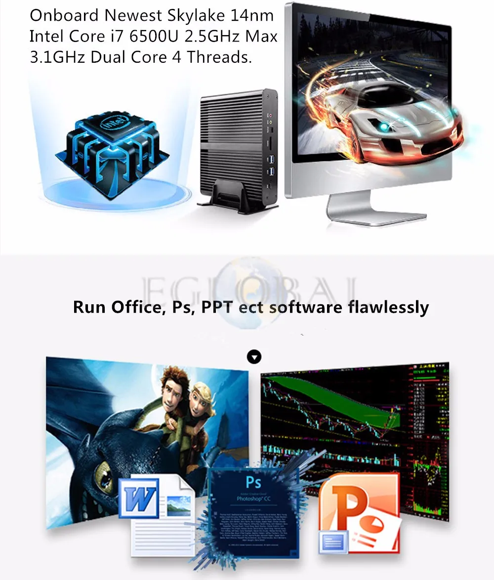 Eglobal Мини ПК 6th поколения процессор Core I7 6500U 6600U Intel Nuc безвентиляторный мини ПК Windows10 Desktop системный блок компьютера ТВ коробка DP