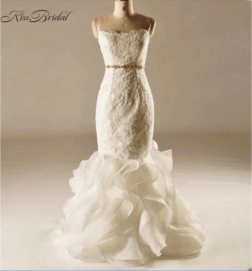 Newest Ruffled Trains Mermiad Wedding Dresses Beading Sash Vintage Lace Bridal Gowns Strapless vestidos de noiva | Свадьбы и