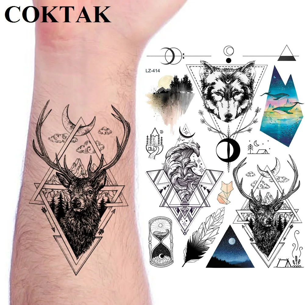 

Татуировки COKTAK с треугольными волнами и лесным лось, временные мужские наклейки на предплечье, татуировки для женщин и мужчин, водостойкие ...