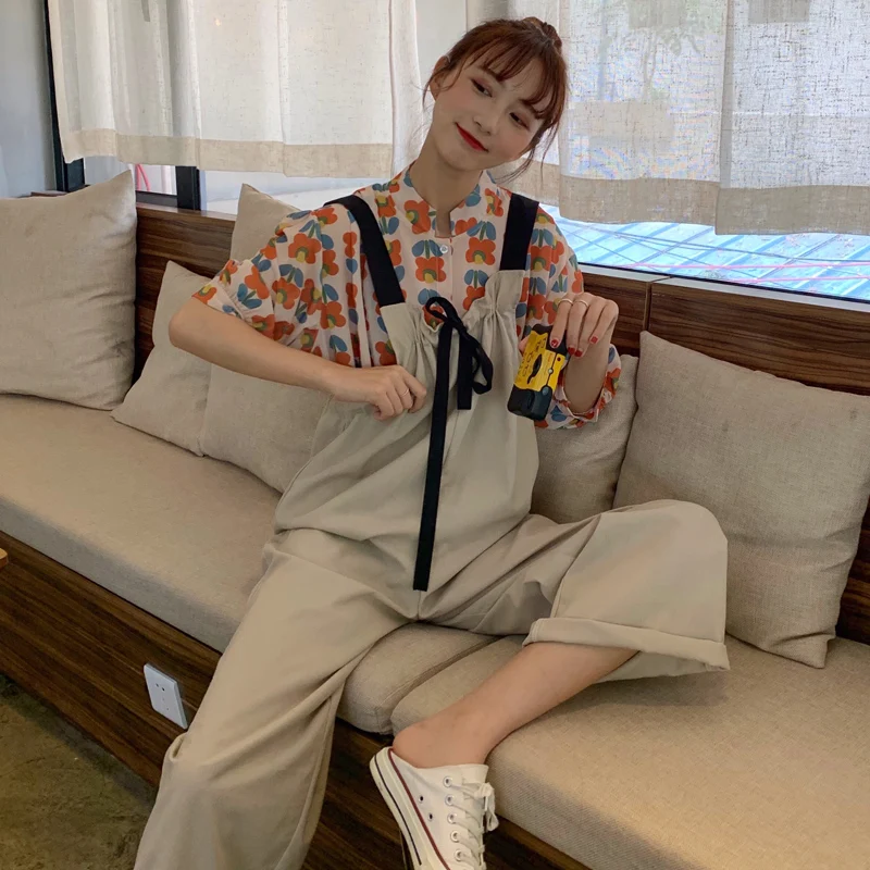 2019 летняя рубашка с коротким рукавом и цветочным рисунком + Свободный комбинезон