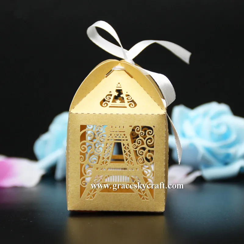 

50pcs/lot Free Shipping Laser cut Eiffel Tower design Paper Christmas Wedding candy chocolate Boxes Party supplies