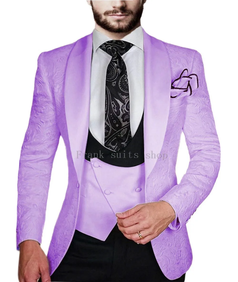 Фиолетовый мужской костюм приталенный с воротником шалью Homme Mariage жаккардовый