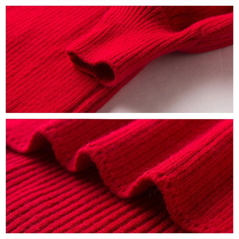 Женское красное платье свитер JOGTUME осенне зимнее с рукавами фонариками теплое