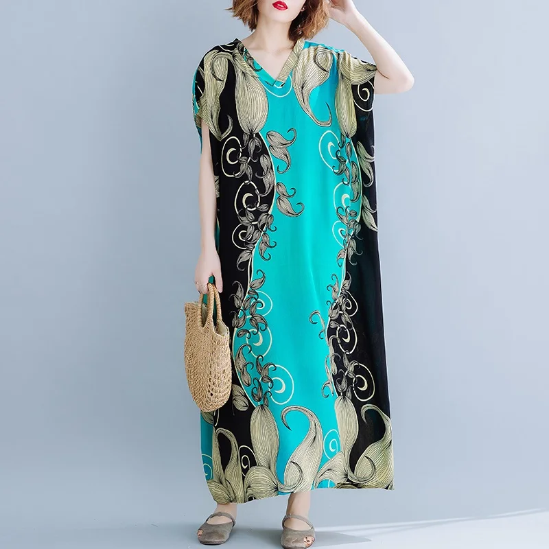 Green floral Хлопковое винтажное Цветочное платье размера плюс, женское повседневное свободное Макси длинное летнее пляжное платье, элегантная одежда, женские платья, сарафан - Цвет: Green floral