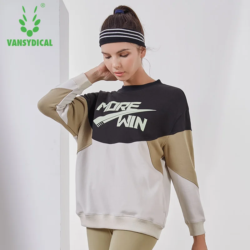 

Vansydical Autumn Winter Sports Sweater Women's Gym Running Yoga Tops Long Sleeve Cotton Spliced Fitness Workout Pullovers
