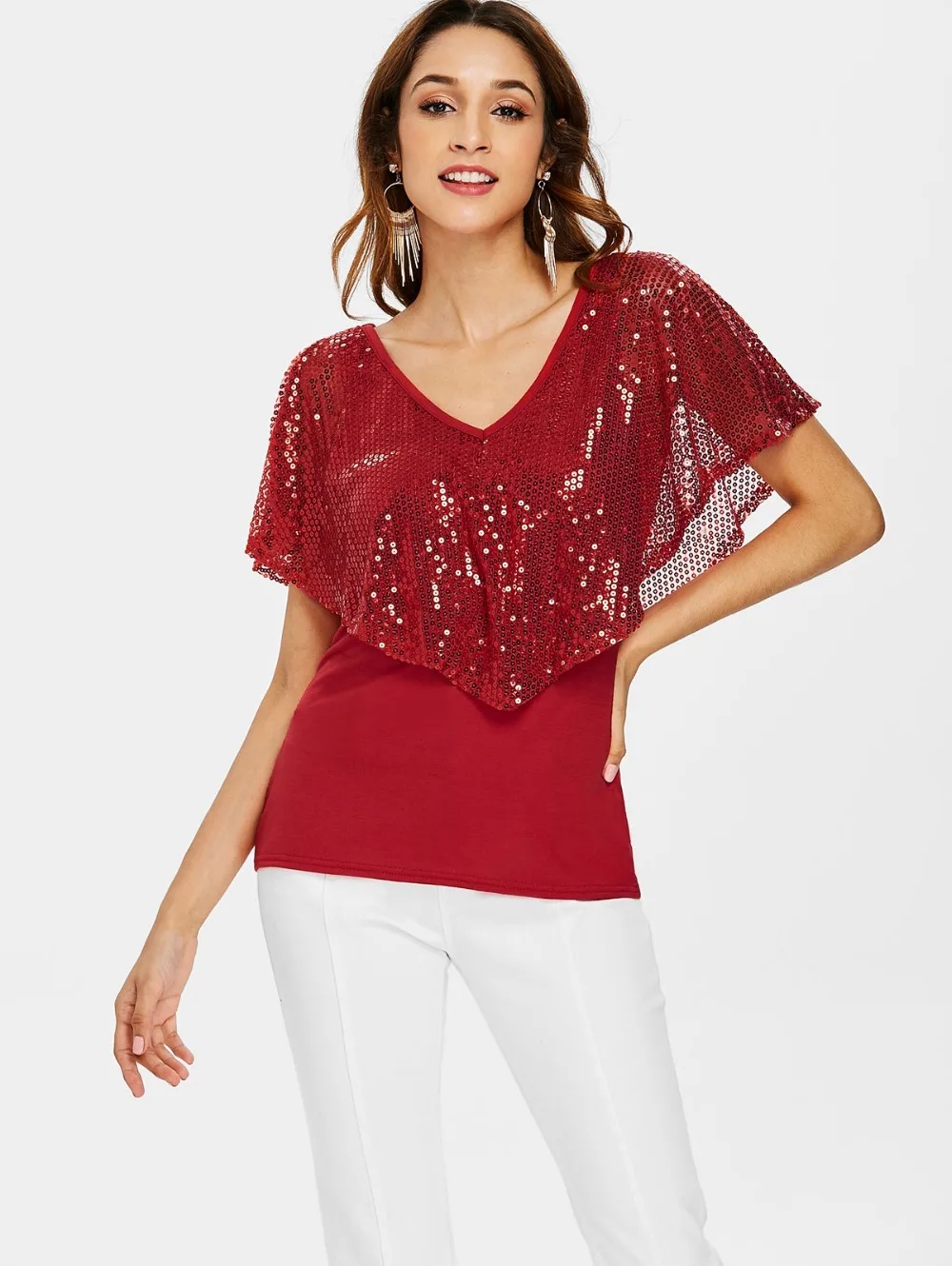 Sexy Women Plunging Neck Sequin T-shirt Summer Batwing Sleeve Solid Short Shirt Female Casual Deep V-neck Loose Tee Tops | Женская