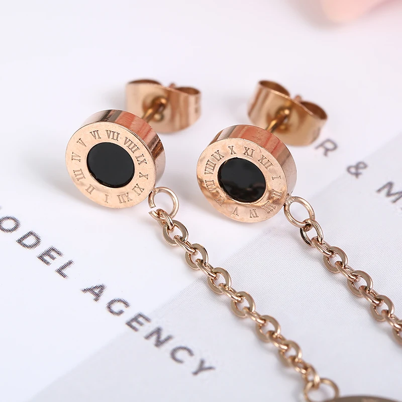 Fashionable Stainless Steel Rose Gold Color Roman Number Figure Round Dangle Tassel Earrings Korean Long Earring | Украшения и
