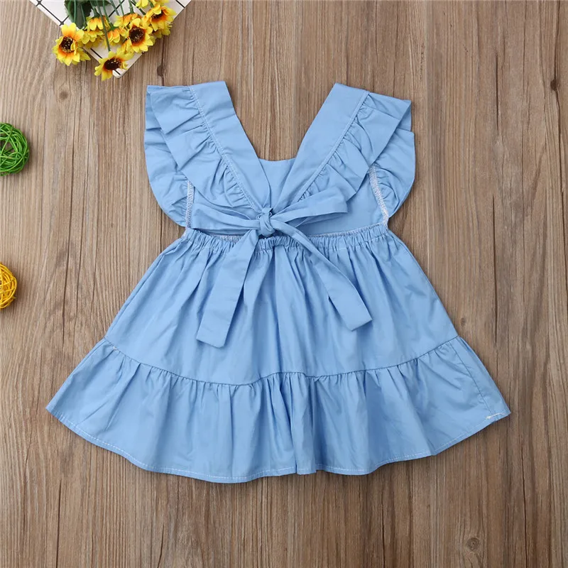 1-5 Years Fashion Baby Girls Dress Summer Ruffle Short Sleeve Kids Dresses For Solid Blue Casual Princess Girl Kid | Детская одежда и
