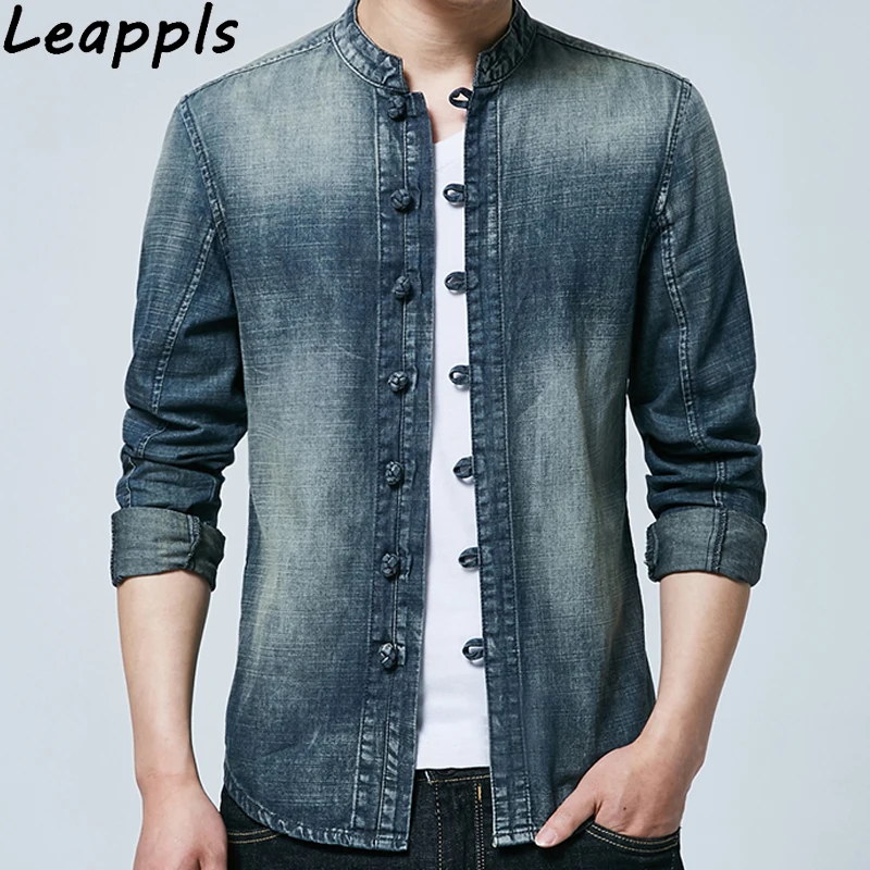 leappls 4XL mens denim blazers and suit jackets fashion slim fit Chinese Style Plate buckle jeans blazer masculino 2018 autumn | Мужская