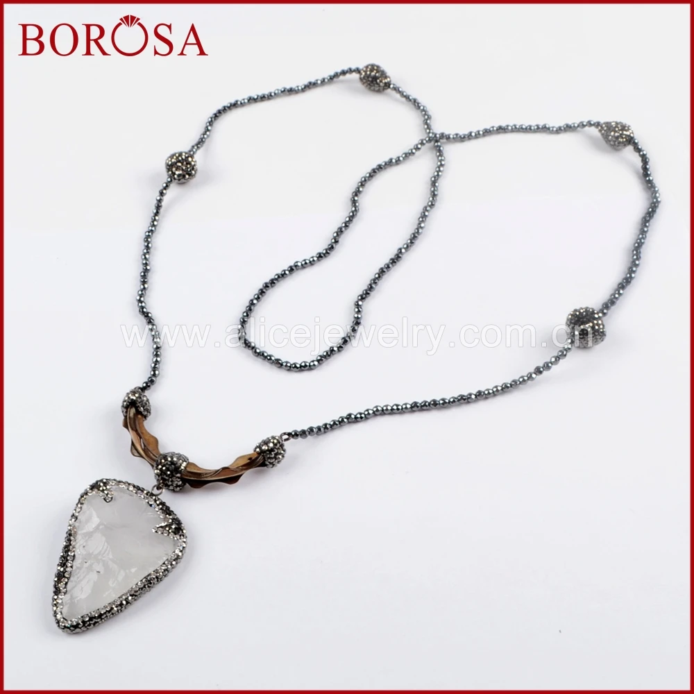 BOROSA 3PCS Rhinestone Pave Arrowhead Jaspers Pendant Necklace Drusy Long Black Beads 36'' for Women Wholesale JAB910 | Украшения и