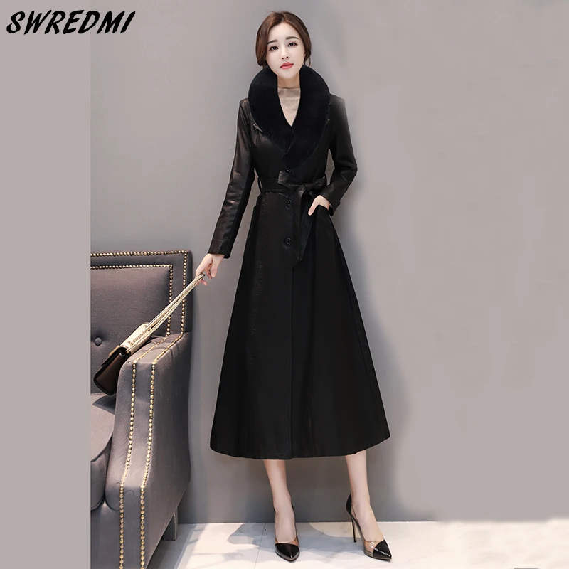 

SWREDMI Autumn And Winter Thickening Warm Leather Clothing Women Real Fur Female Clothing Outerwear Slim Fashion Sashes Coat