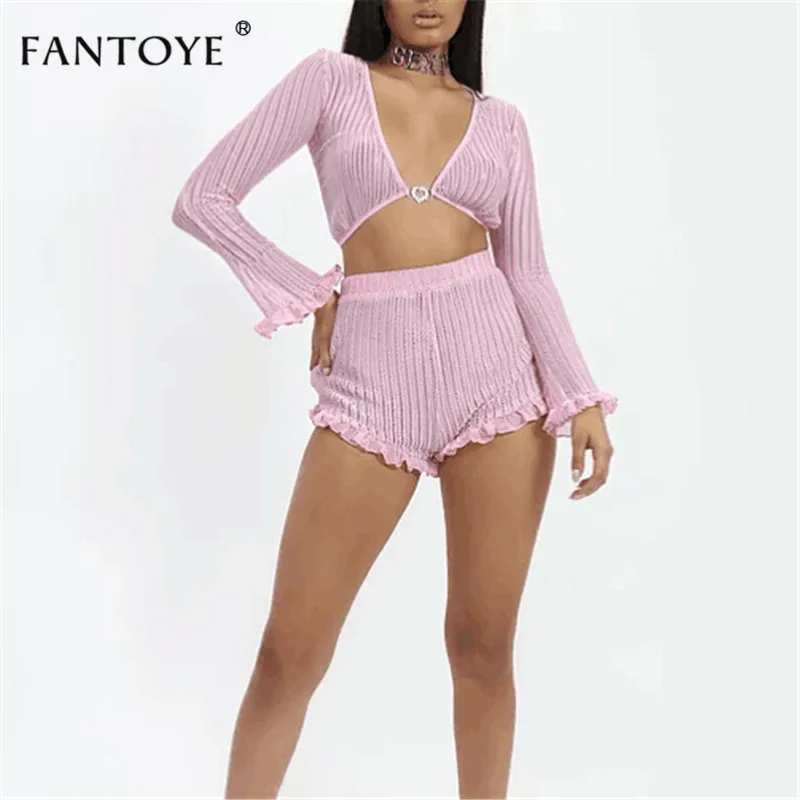 Pink Fantoye летние пикантные сетчатый комбинезон Для женщин оборками See Through Розовый комплект из двух предметов спортивный костюм топ и шорты вечерние комбинезон - Цвет: Pink