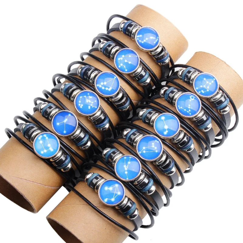 New Genuine Leather Handmade Twelve Constellations Couple Bracelet for Women Men Jewelry Gifts | Украшения и аксессуары