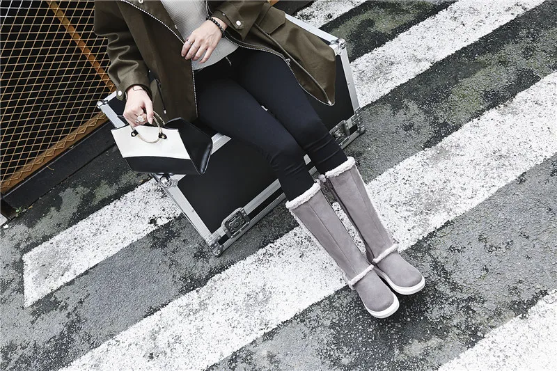 Meotina/Сапоги до колена зимние женские сапоги на плоской подошве на платформе высокие сапоги на каблуке Обувь на среднем каблуке с круглым носком на молнии Женская обувь серого цвета, большой размер 43