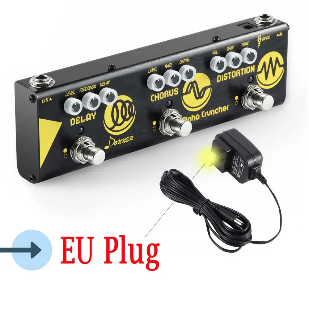 Yellow - EU Plug Donner 3 в 1 мультиэффект электрогитары педаль задержки хора искажения Higain обратная модуляция эффекты цепи педаль Новинка - Цвет: Yellow - EU Plug