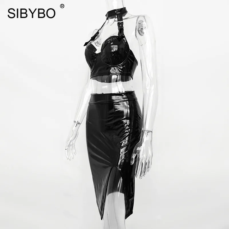 Sibybo, без бретелек, Холтер, из искусственной кожи, комплект из двух частей, платье для женщин, открытая разрезная оболочка, открытая спина, сексуальное женское платье, летнее вечернее платье для женщин
