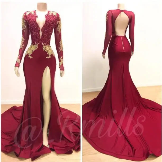 JaneVini Abito Lungo Vintage Evening Dress Long Sleeves Burgundy Gold Appliqued Party Gowns Mermaid Slit V Neck Formal Dresses | Свадьбы и