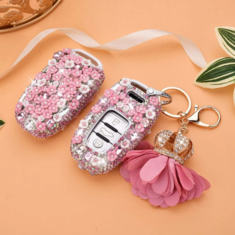 Pink flower Автомобильный умный чехол для ключей с дистанционным управлением роскошный сверкающий чехол с кристаллами авто ключ кристалл оболочки протектор для Audi A4L A6L A5 A6 Q5 S5 S7 - Название цвета: Pink flower