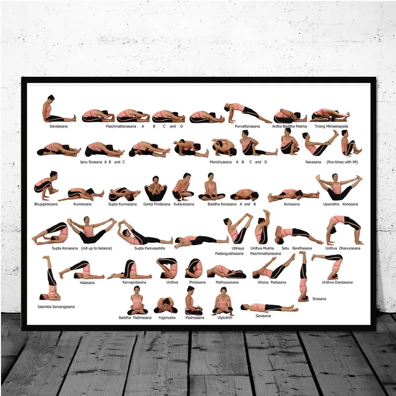 Йога Ashtanga основная диаграмма поза начинающая женщина мужчина тренажерный зал плакат стены искусства холст картина настенные картины для гостиной домашний декор - Цвет: Красный