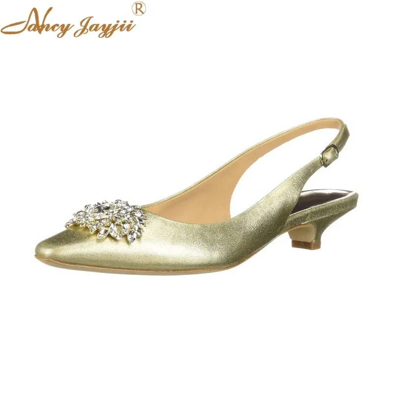 

Crystal Flower Silver Golden Low Heels Slingbacks Wedding Pumps Woman Laides Shoes For bride Elegant Pointy Toe Small Size 33 34