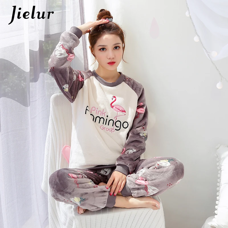 Jielur мультфильм Фламинго пижамный комплект осень вышивка милые фланелевые
