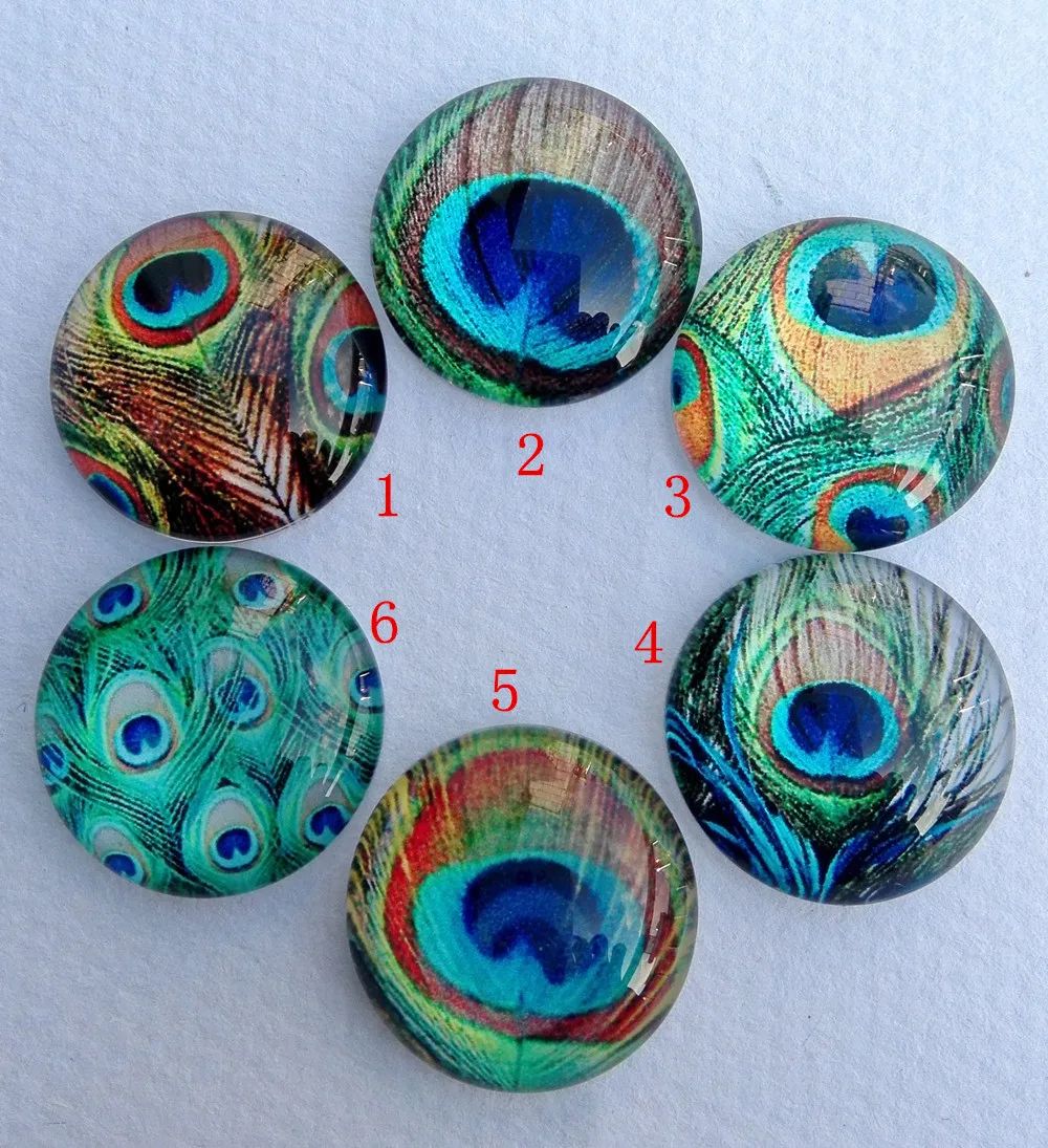 

30pcs/lot peacock feather Glass Cabochon Yoga Cabochons round 20mm Flatback for Necklace bracelet Earrings DIY Jewellery