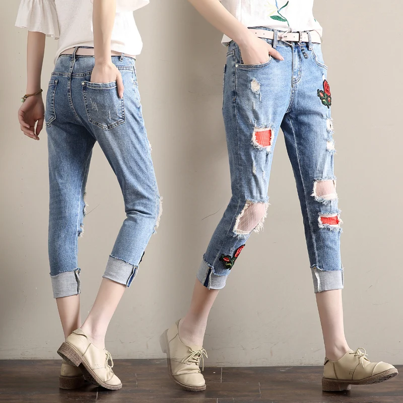 denim jeans panty women spring summer style autumn 2017 feminina fashion thin rose new hole embroidery pants female A3662 |