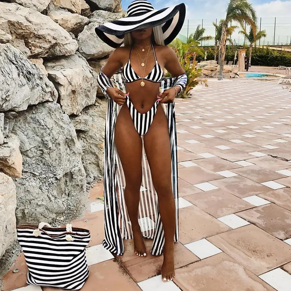 3 предмета Для женщин черный Белый Цвет Полосатый купальник купальный костюм