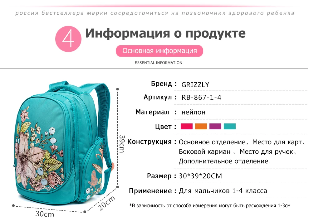 GRIZZLY новые детские Мультяшные школьные сумки для детей школьные сумки водонепроницаемые ортопедические рюкзаки для девочек 1-4 класса