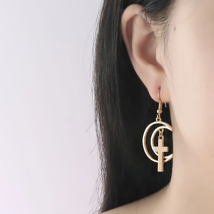 Hollow Moon Cross Dangle Earrings For Women Personality Fashion Drop Cool Girls Statement Jewelry | Украшения и аксессуары