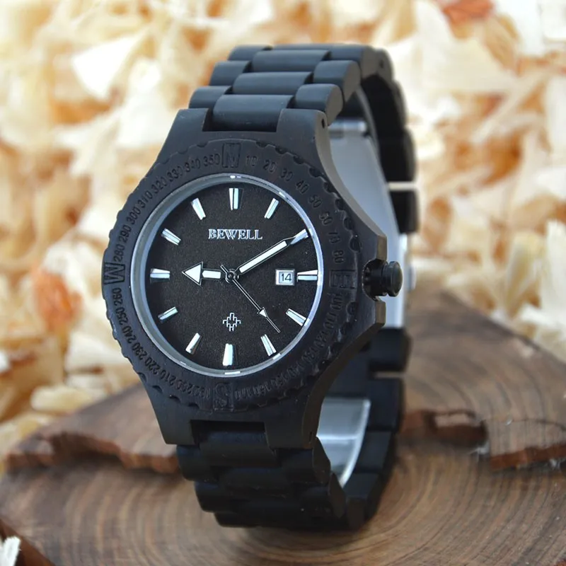 

BEWELL Top Brand Luxury Male Wooden Date Quartz Wrist Watch Gear Shape Bezel Gift Retail Box Luminous Relogio Masculino 023A