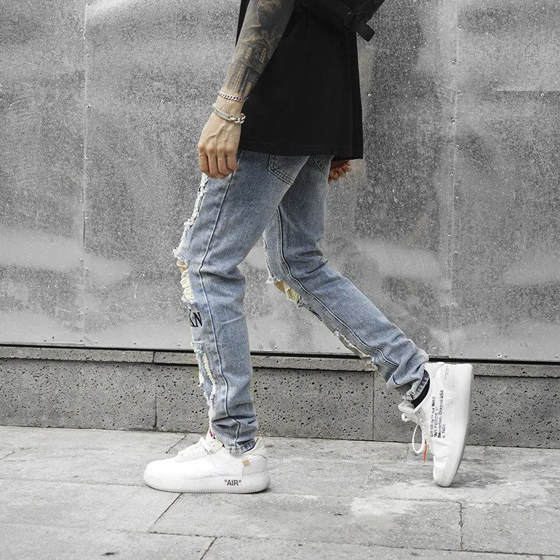 Slim Fit Повседневное джинсовые штаны Светоотражающие Для мужчин узкие Рваные