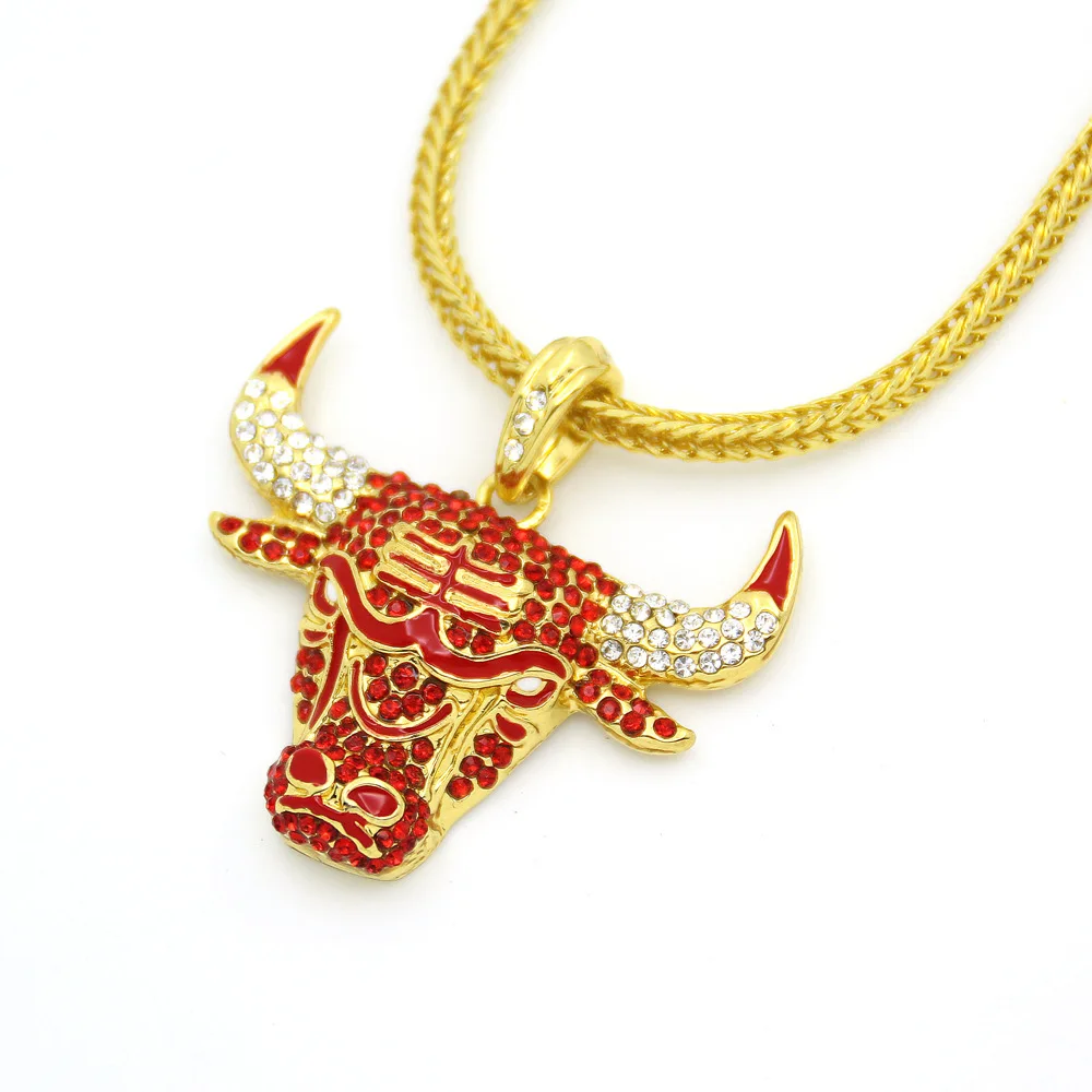 

Gold Plated Full Rhinestone Alloy Bull Pendent Necklace Bling Fashion Hip Hop Punk Jewelry Gift for Men with 60cm Chain
