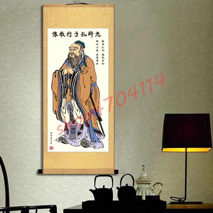 

Confucius portrait, silk scroll hanging, silk decorative hanging axle
