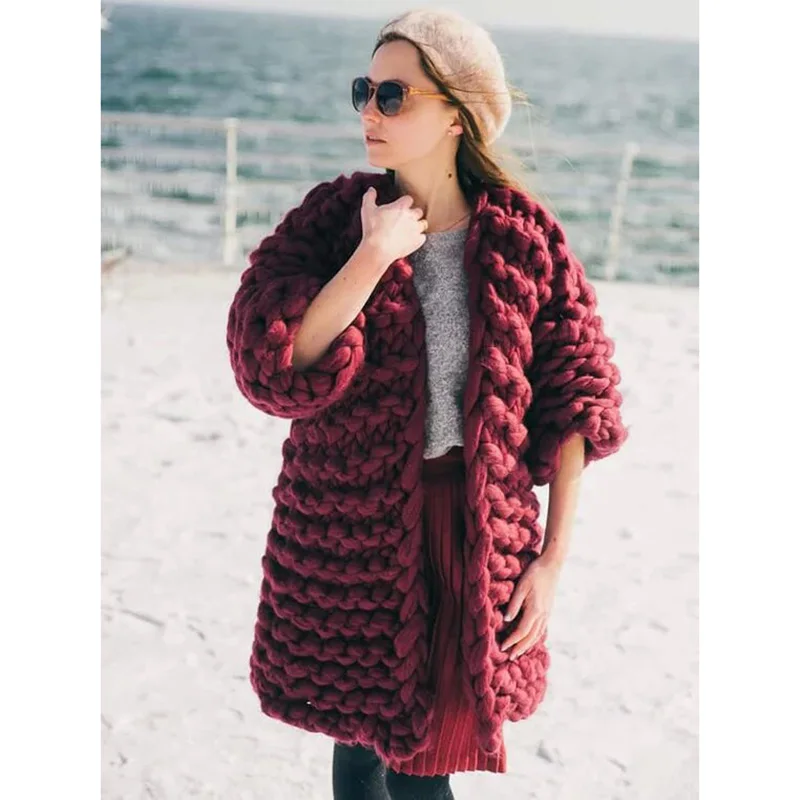 Fall Winter Thick warm Cardigan Sweater Long section hand-woven sweater Large size Streetwear women Hand-knit |