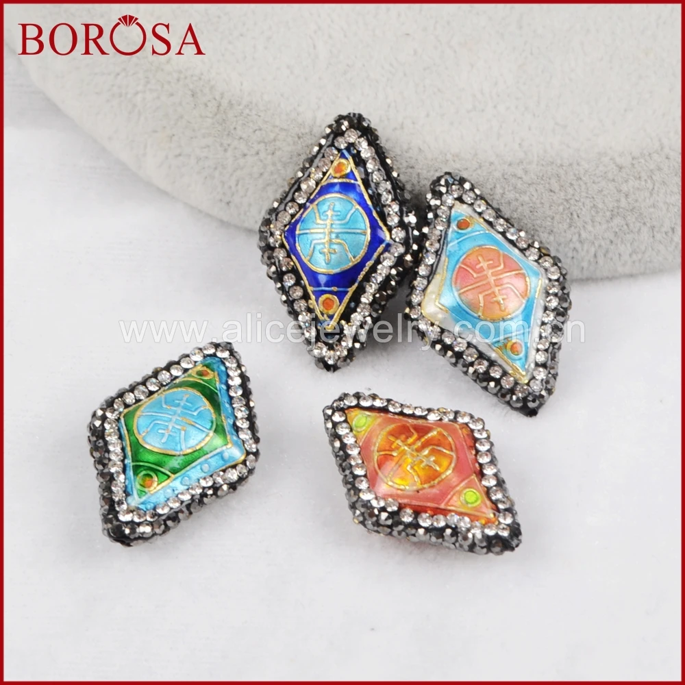 

BOROSA New Mix Colors Rhombus Charm Metal Beads Charm With Rhinestone Paved Charm for Necklace Druzy Jewelry JAB613