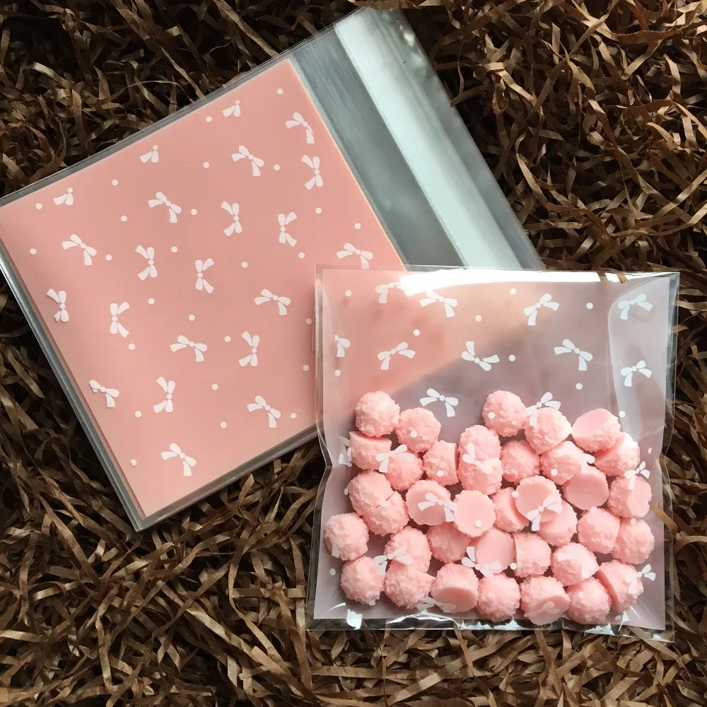 100 шт./лот розовый мини бант упаковочный пакет для печенья прозрачная упаковка