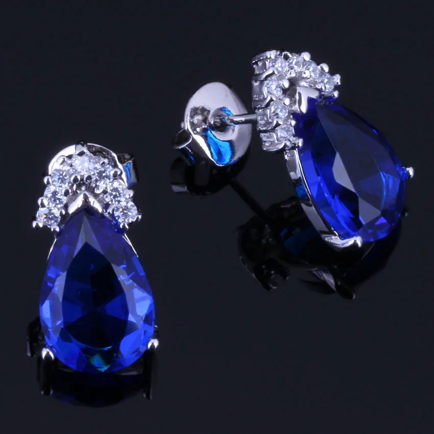 Посеребренные серьги-гвоздики V0392 с голубым кубическим цирконием и белым в форме