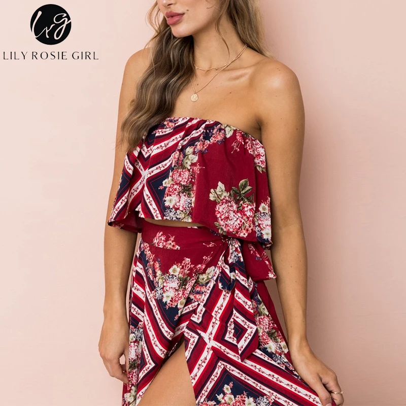 Лили Rosie девушка 2 шт./лот Off Shoulder Crop Sexy рубашки блузки Разделение красный Boho