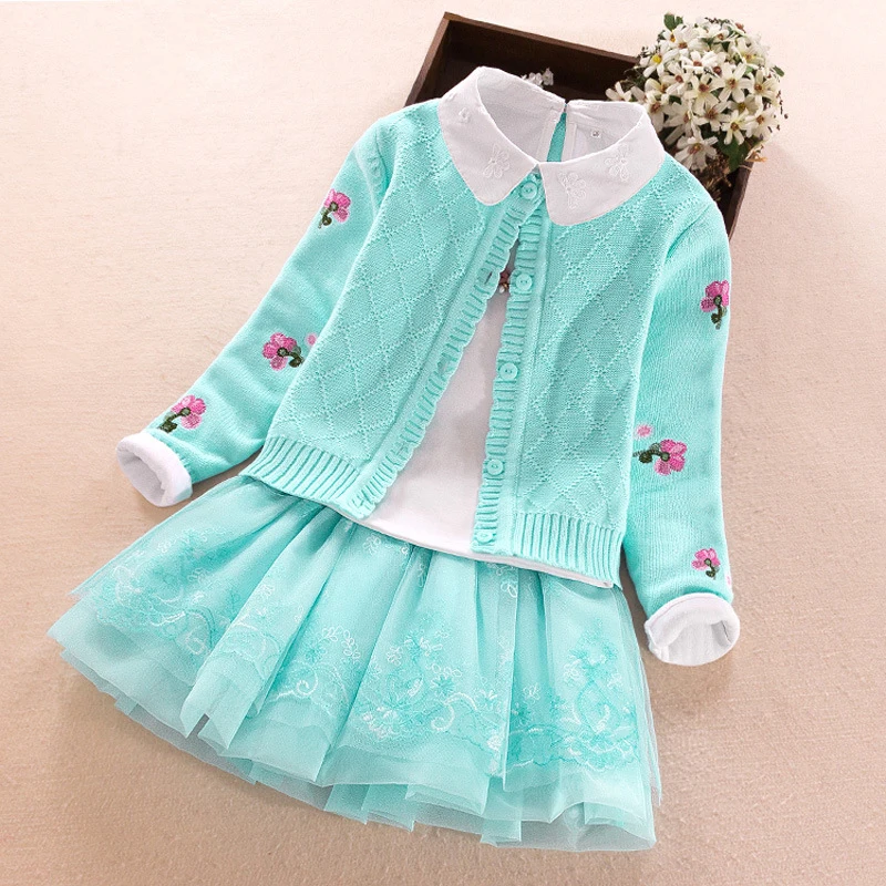 Высокое качество девушки свитер пальто + рубашка юбка 3 шт. комплект одежды с