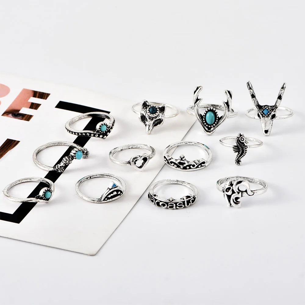 12 Pcs/Set Creative Silver Color Om Hollow Heart Letter Crown Deer Crystal Geometry Rings Halloween Jewelry Women Ring Set | Украшения и