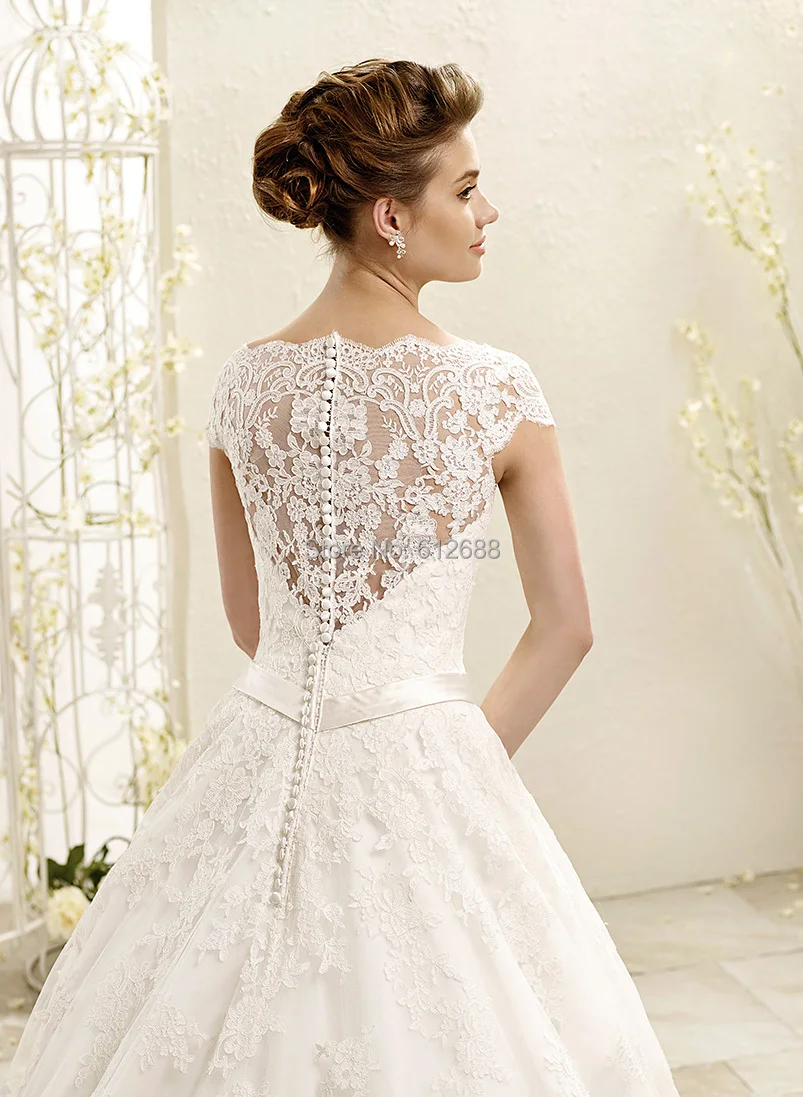 Sexy Wedding Gown Ball V-Neck Cap Sleeve Sleeveless Chapel Train Floor Length Long Lace Organza Bride Dresses 2017 | Свадьбы и