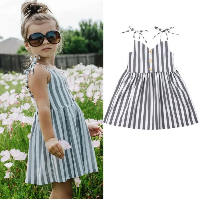 2019 Toddler Girl Clothes Baby Girls Kids Striped Sleeveless Summer Short Dress Kid For Causal Button Dresses | Детская одежда и