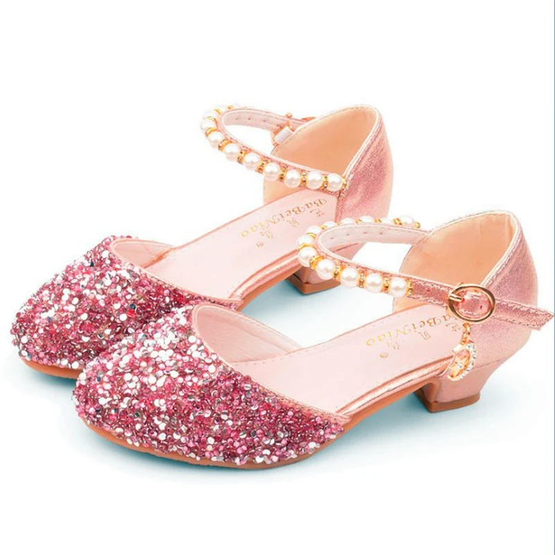 Spring Autumn New Children Leather Shoes Casual Girls Princess Small high-heeled Party Fashion Sequins Pearl Kids |