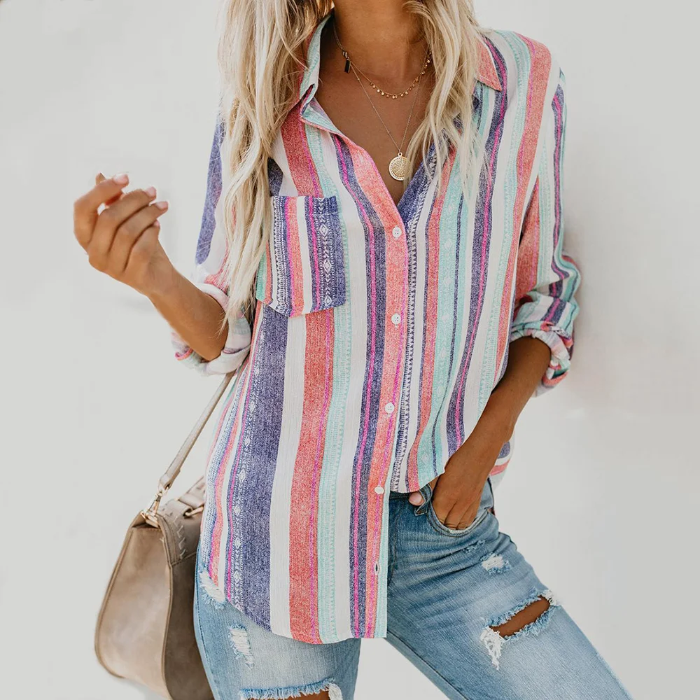 Женская большая блузка в полоску Осенняя Европейская рубашка женский топ и