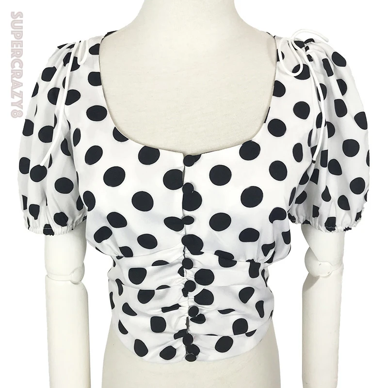 2018 New Arrival women Vintage Chiffon Short Button Polka Dot Collar Lantern Sleeve Blouses &amp Shirts |