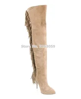 ALMUDENA Beige Black Grey Suede Fringe Long Boots Pointed Toe Back Tassel Boots Over-the-knee Dress Shoes Sexy Pumps Plus Size