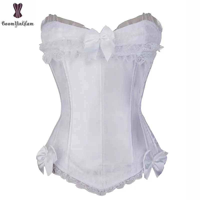 

Satin Overbust Corset Top hooks Side Bowknot Clubwear Showgirl Body Shaper Cosplay Sexy Bustiers for wedding Plus Size Outwear