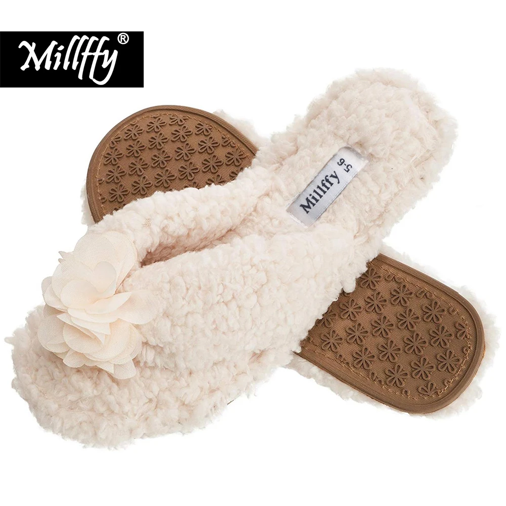 Millffy/Удобные Плюшевые вьетнамки из искусственной овчины женские Вьетнамки с