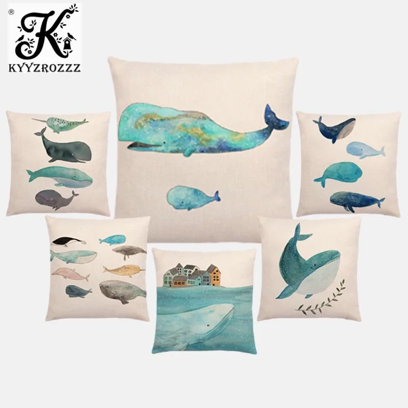 

Newest Fashion Nordic Style Whale Cushion Cover Ocean Whales Home Pillow Case Linen Cotton Pillows Covers